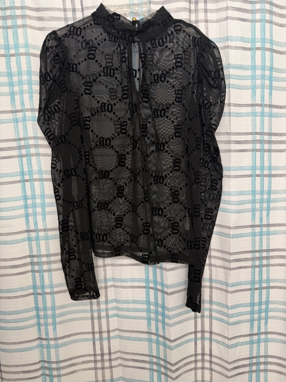 Sheer Black Velvet-Patterned Long Sleeve Blouse